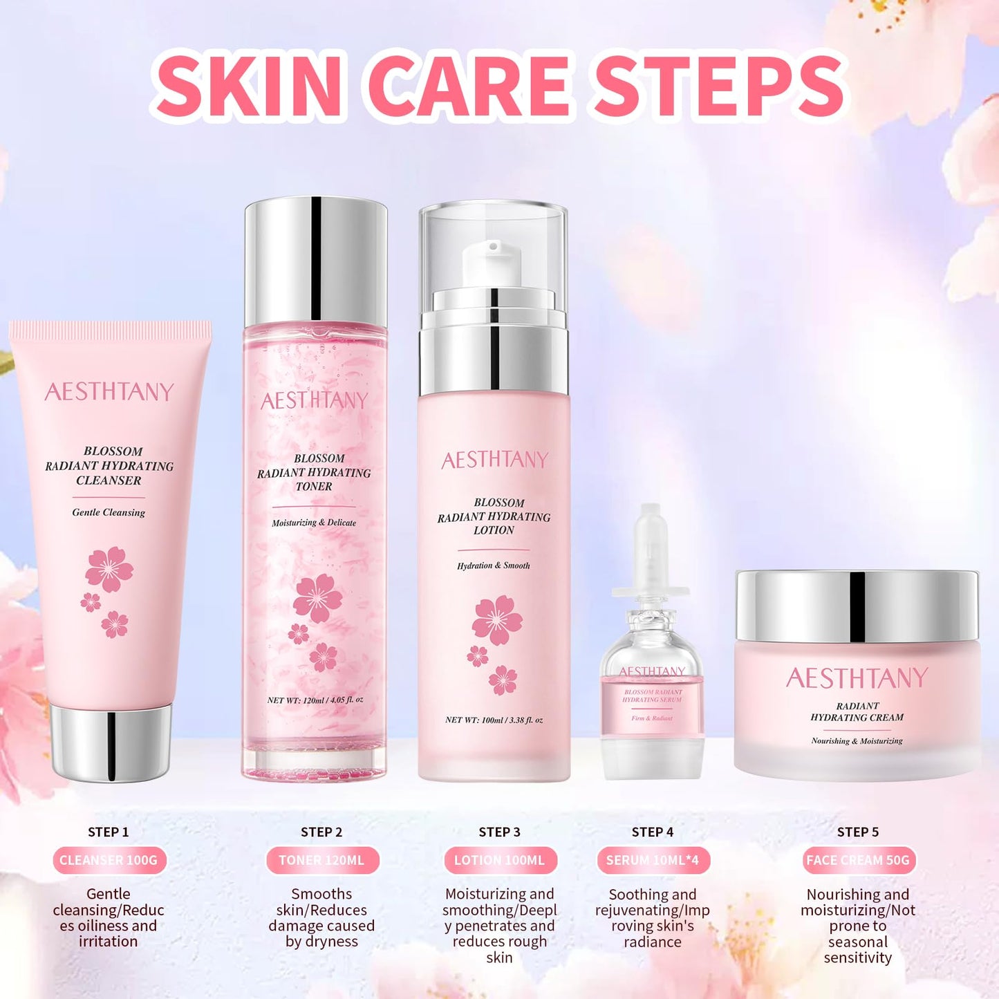 Skin Care Set For Women Moisturizing Rejuvationg Cherry Blossom Skin Care For Women Daily Skin Care Routine(8 Piece Set)
