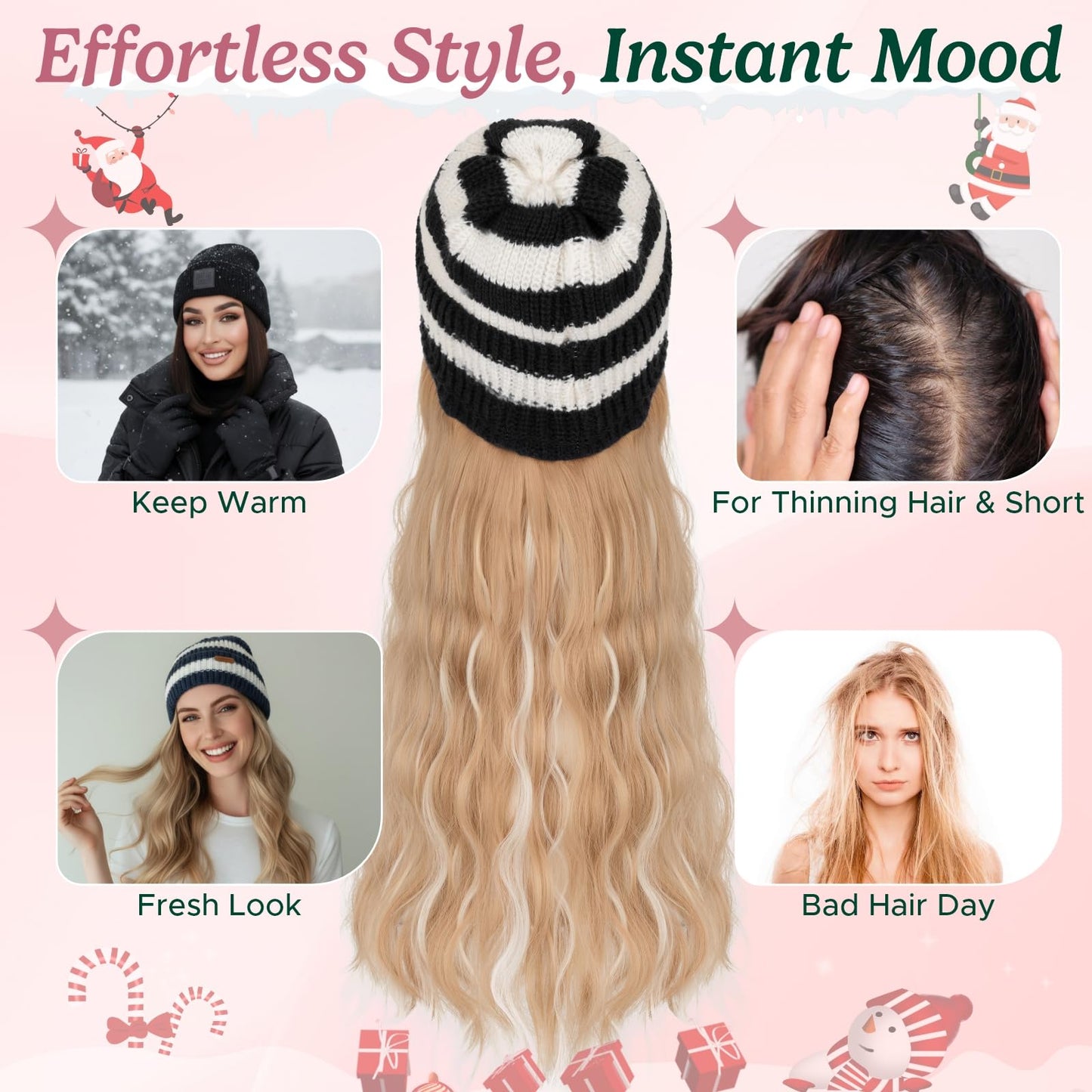 SEGOHAIR Beanie Wig with Hair, 18 Inch Synthetic Hair Extensions in Wavy Styles, Knitted Winter Hat in Black/White Stripes with Attached Hairpiece for Women, #18P613 Ash Blonde Mix Bleach Blonde