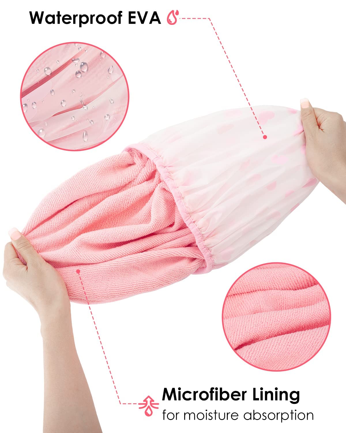Auban Shower Cap - Reusable Waterproof Terry Cloth Lined Bath Cap | Large Size - Pink