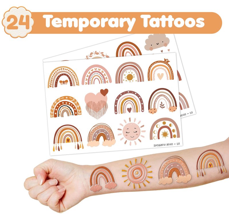 48PCS Boho Rainbow Party Set - 24PCS Temporary Tattoos & 24PCS Slap Bracelets - Fun Birthday Supplies, Baby Shower Gifts, Classroom Rewards & Boho-Themed Decor for Kids (Boys & Girls)