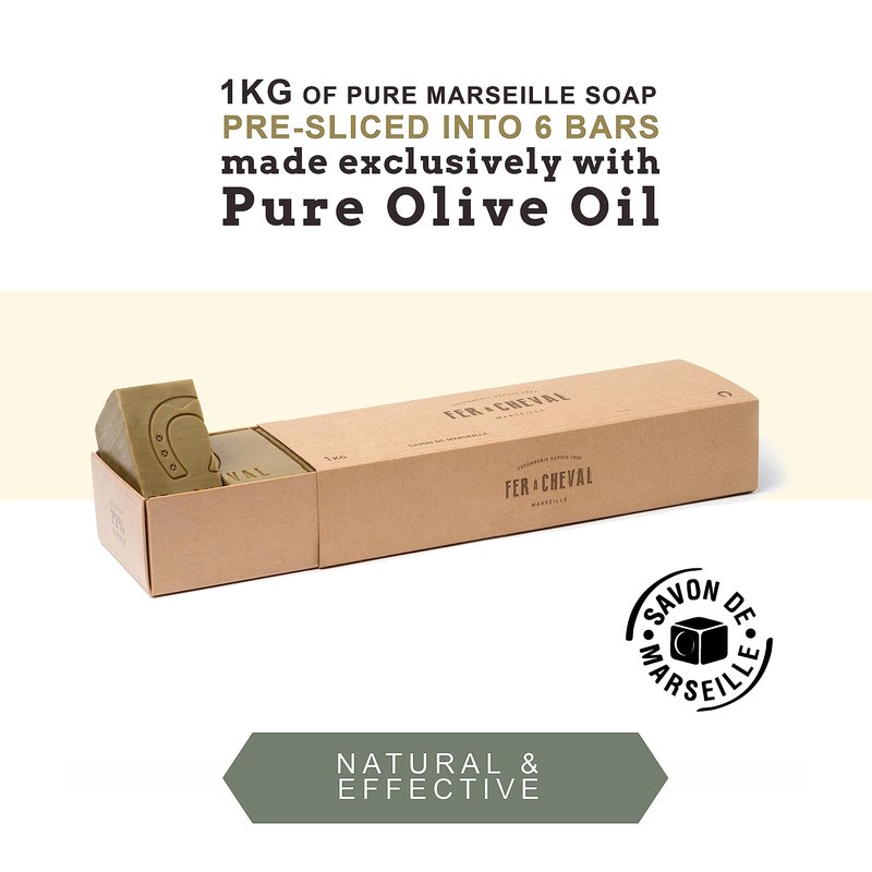 Fer à Cheval Authentic Savon De Marseille Soap Bar, Olive Bar Slices 6 pieces 1 kg/35.5 oz, Natural Plant-Based, Hypoallergenic Cubes with French Olive Oil