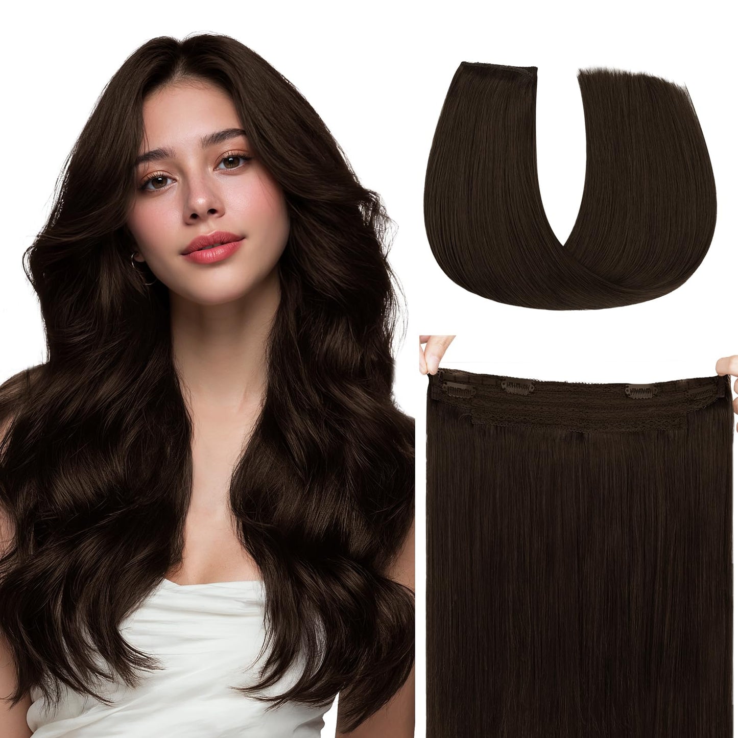 HOTBANANA Wire Hair Extensions, 14 inch 75g Light Dark Brown Invisible Fish Line Real Human Hair Extensions Straight