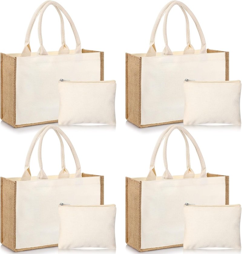 Jute Burlap Tote Bag Set - 4 Reusable Bags with Canvas Makeup Pouch | Simple Beige Gift Bags for Weddings & DIY Crafts