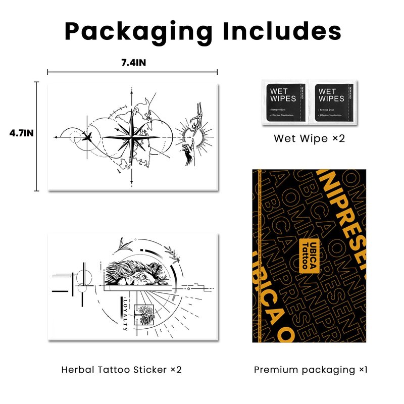 UBICA Semi Permanent Tattoos, 2 Sheets Large Realistic Compass World Adventure & Lion Head Loyalty Temporary Tattoos for Men, 2 Weeks Arm Thigh Calf Fake Tattoos, Waterproof & Non-Reflective Tattoos