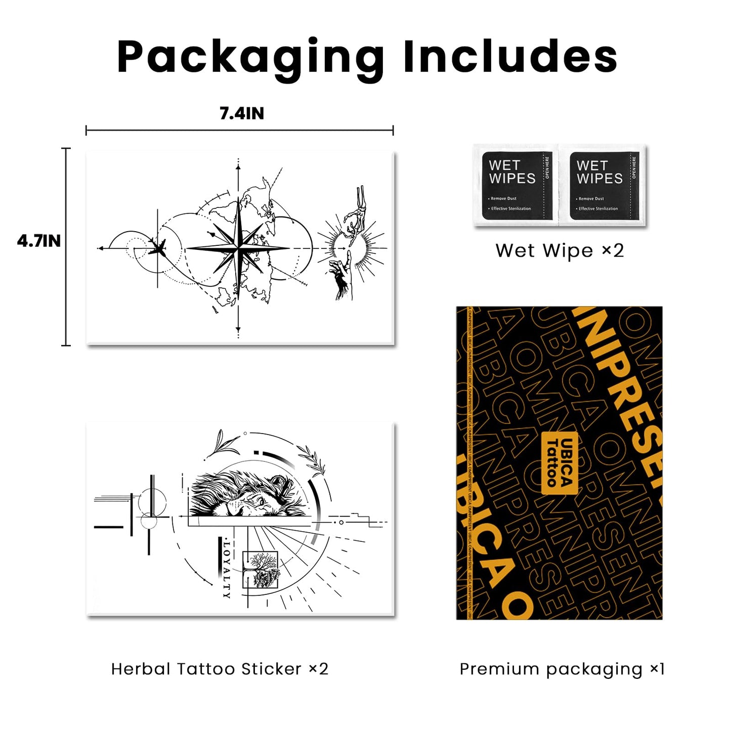 UBICA Semi Permanent Tattoos, 2 Sheets Large Realistic Compass World Adventure & Lion Head Loyalty Temporary Tattoos for Men, 2 Weeks Arm Thigh Calf Fake Tattoos, Waterproof & Non-Reflective Tattoos