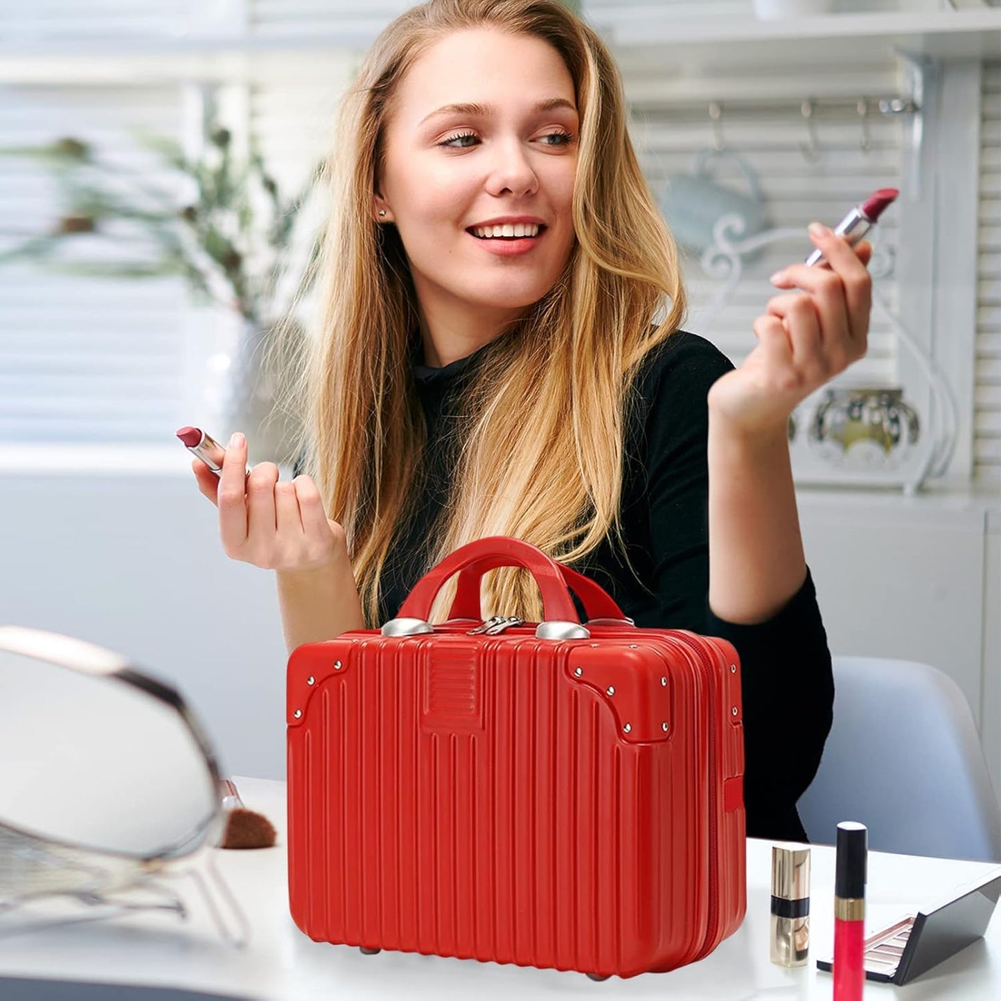 Makeup Travel Case - 11L Hard Shell Cosmetic Organizer with Elastic Band & Zipper | Portable Waterproof ABS for Women