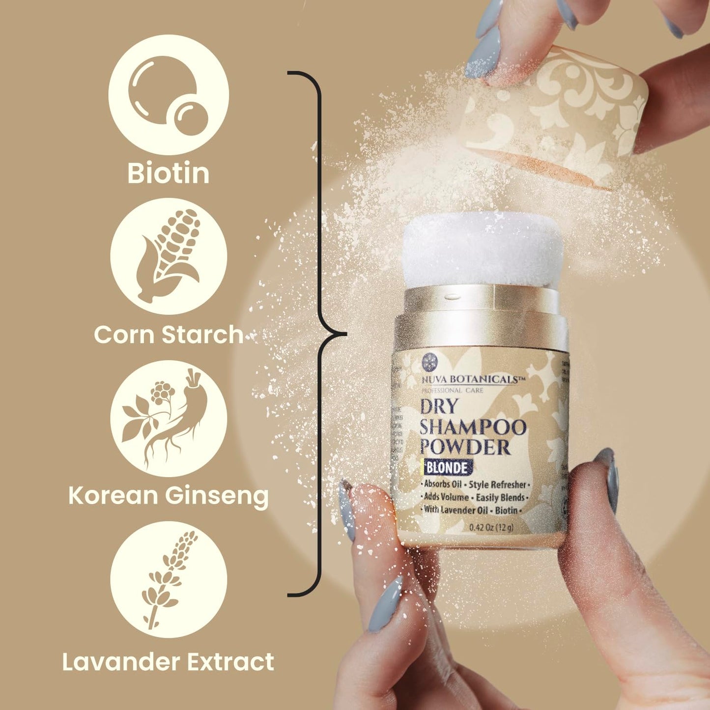 Nuva Botanicals Blonde Non Aerosol Dry Shampoo Powder with Biotin - Lavender Extract and Korean Ginseng - Volumizing Travel Size (0.42 oz) - Gifts for Her Stocking Stuffers