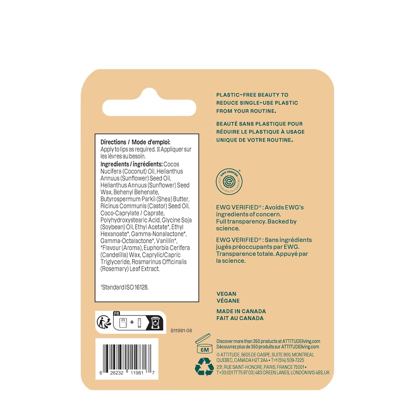 Natural Lip Balm - Nourishing Shea Butter & Coconut Oil | EWG Verified, 0.3 Oz for Dry Lips