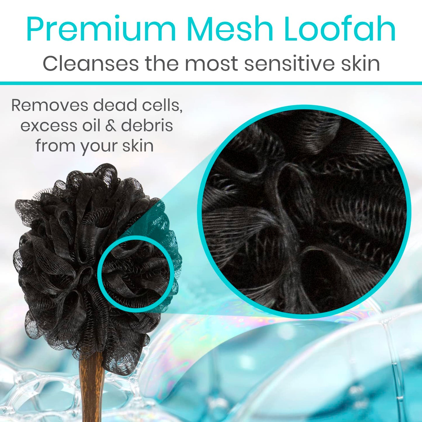 Vive 17” Shower Loofah with Long Handle - Exfoliating Back & Body Scrubber for Men & Women - Luffa Sponge on a Stick for Bathing, Cleaning - Includes Extra Handheld Lufa, Hook & String to Hang on Wall