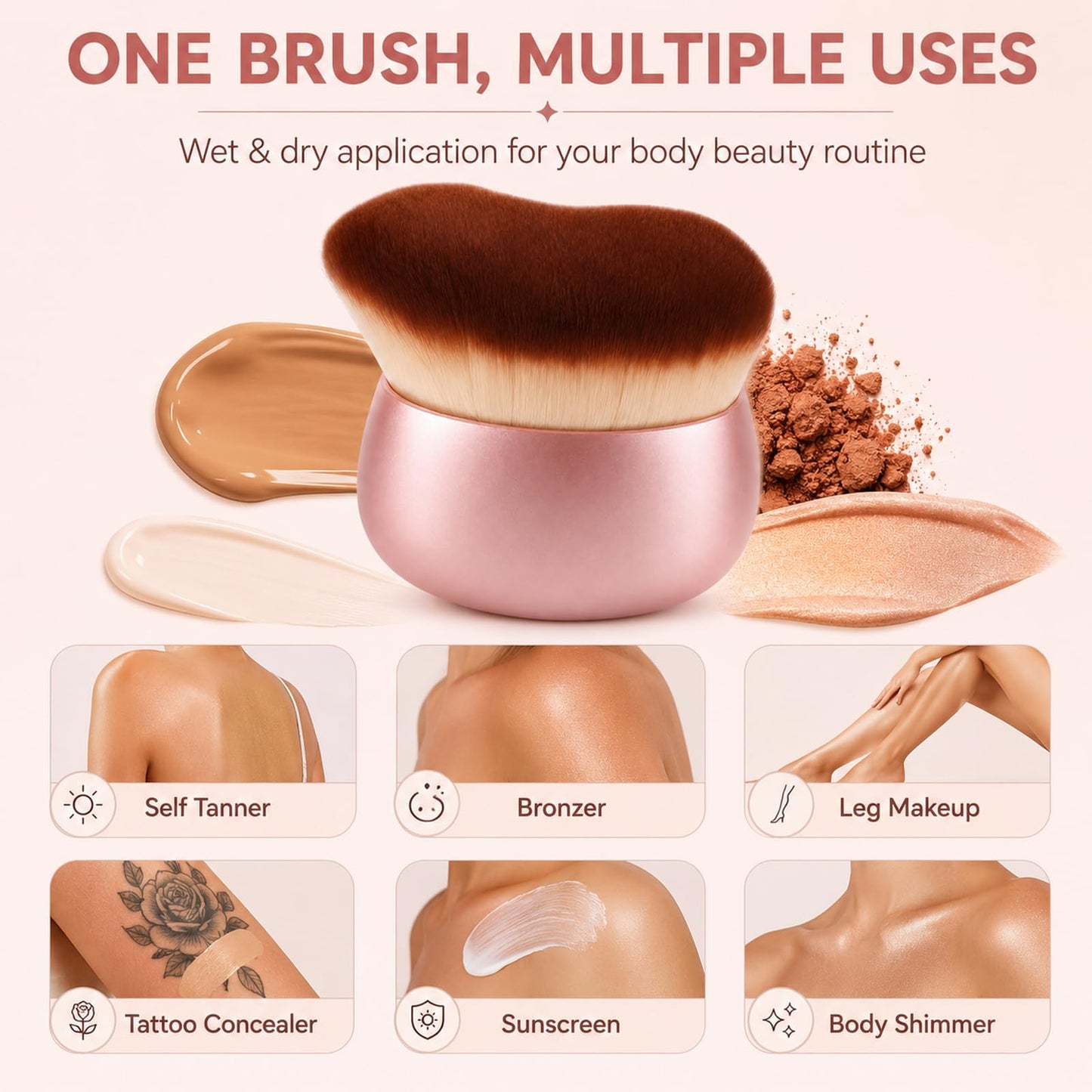 Body Makeup Brush for Self Tanner – Wide Kabuki Brush Applicator for Body Blending, Bronzer, Leg Makeup & Concealer, Streak-Free Full-Body Coverage Perfector, Pink