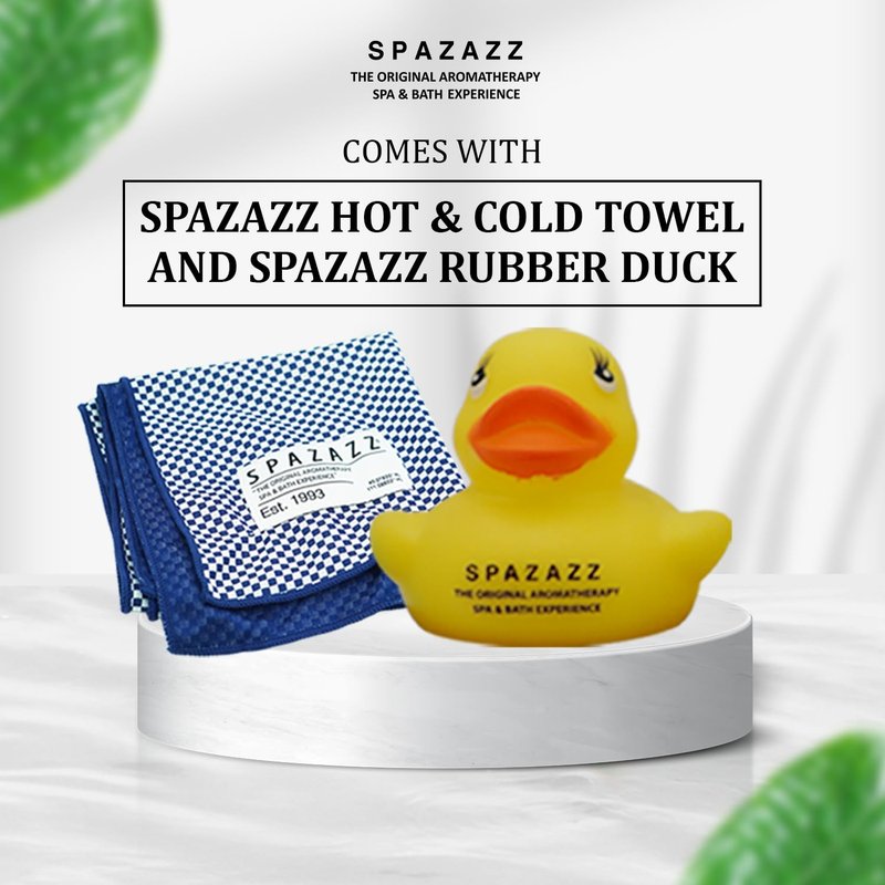 Spazazz Hot Tub Aromatherapy Gift Bundle- Seven- 4 Oz Spazazz Hot Tub Aromatherapy Bath Salt Crystals Sampler Jars Plus Hot/Cold Towel and Rubber Duck - Seven Distinct Scents of Bath and Spa Salts