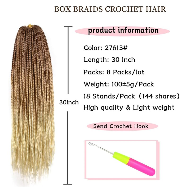 30 Inch Box Braids Crochet Hair - 144 Strands Pre-Looped Ombre Synthetic Extensions | Long Lasting, Easy to Install