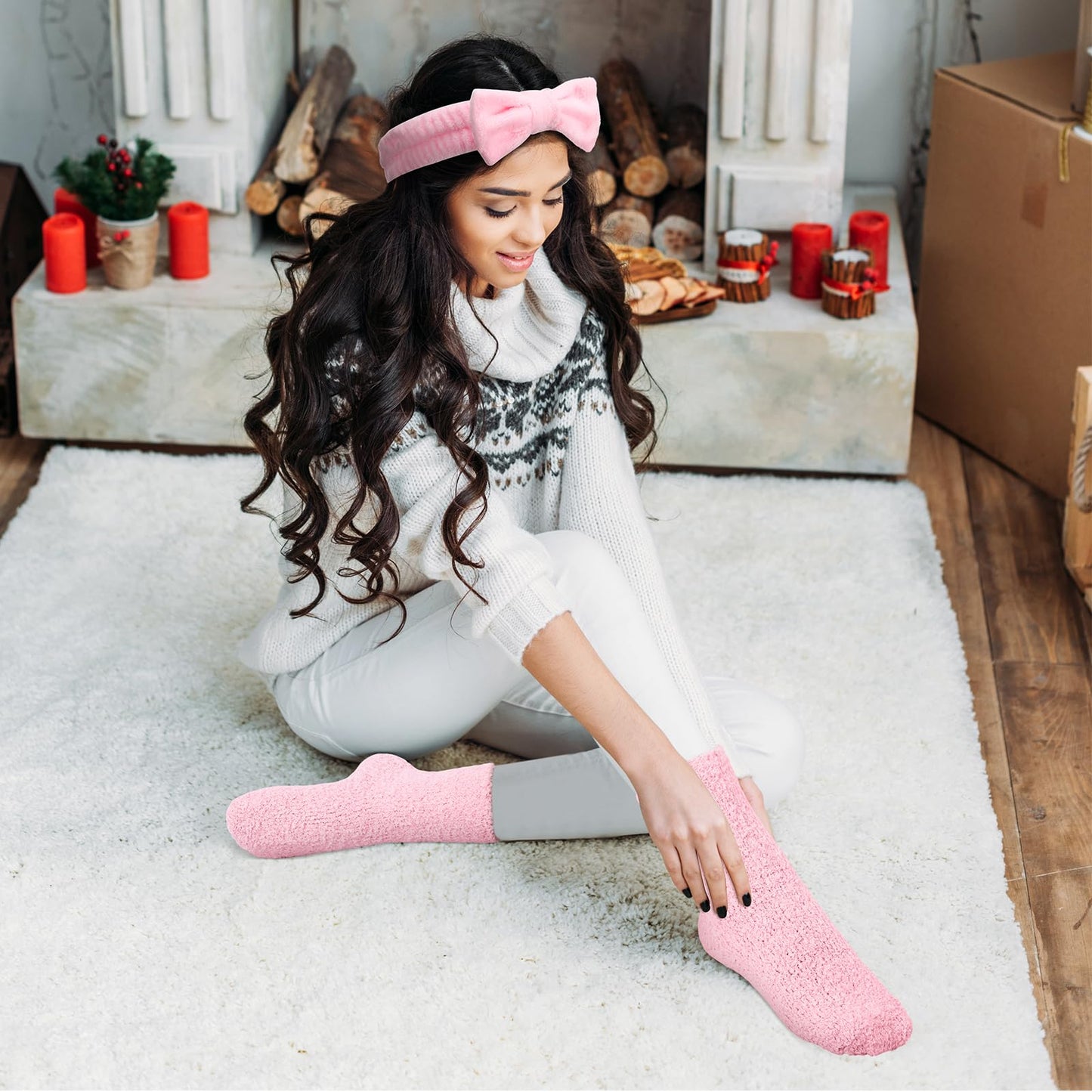 Shyyween 24 Pcs Pink Spa Party Favors Sleepover Party Supplies for Girls Include 12 Spa Headband, 12 Fuzzy Socks for Slumber, Bachelorette, Pajama Gift