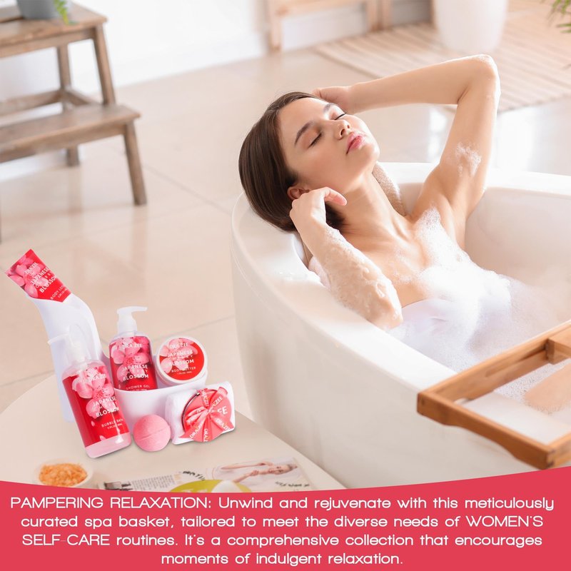 Mother’s Day Gift Baskets for Women, 8 Pc Cherry Blossom Scented Spa Gift Set, Heel Shoe Bath Basket, Elegant Bath and Body Set, Relaxing Self Care Kit for Mom, Home Spa Gifts for Her by Draizee