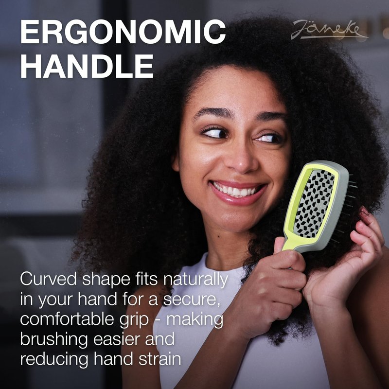 Janeke Curvy Hair Brush with Ergonomic Handle – Vented Brush for Blow Drying & Smoothing – Anti Static Detangler for Thick, Curly & Wet Hair (Green - Gray)