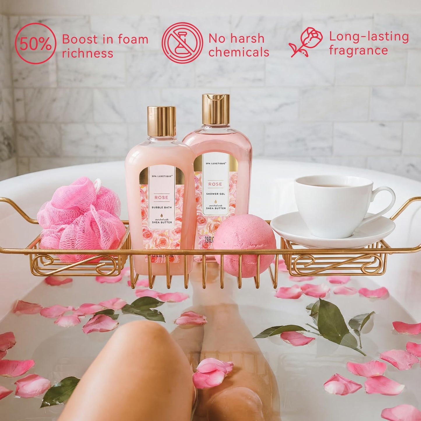 Spa Luxetique Gift Set For Women, Bath Sets - 8 Pcs Rose Spa Basket Includes Bubble Bath, Shower Gel, Body Lotion, Birthday Spa Gifts for Mom, Christmas Presents for Women