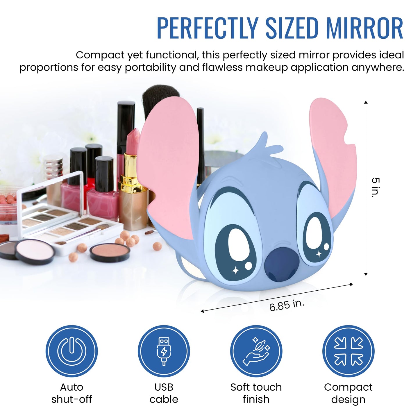 Impressions Vanity Stitch Ohana LED Compact Mirror with Lights, Lighted Travel Makeup Mirror with 3X Magnification, Adjustable Brightness, and Soft Touch Velvety Finish, Auto Shut-Off