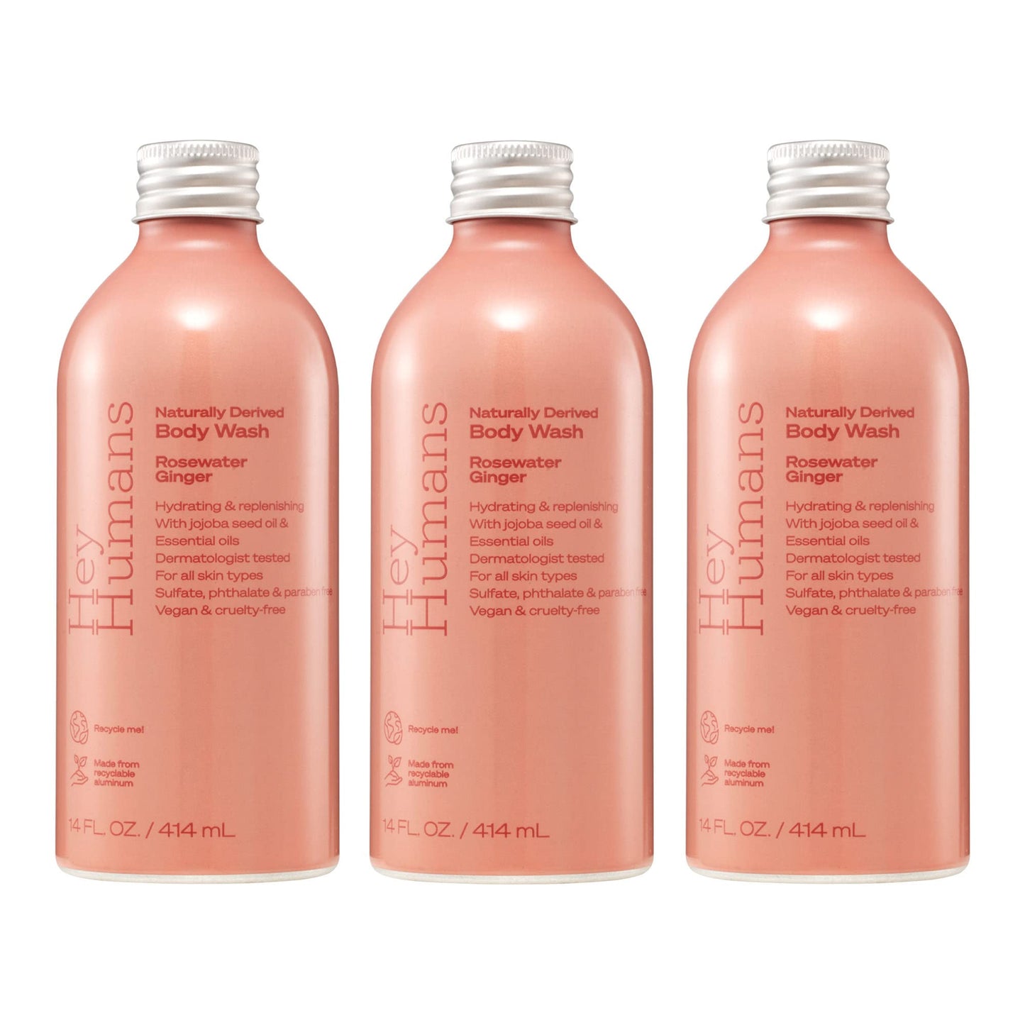 Hey Humans Rosewater Ginger Moisturizing Body Wash with Natural Ingredients & Jojoba Oil | Clean, Vegan, Sulfate Free Bath & Body Wash for Women | Recyclable Bottle, 14 fl. oz. - Pack of 3