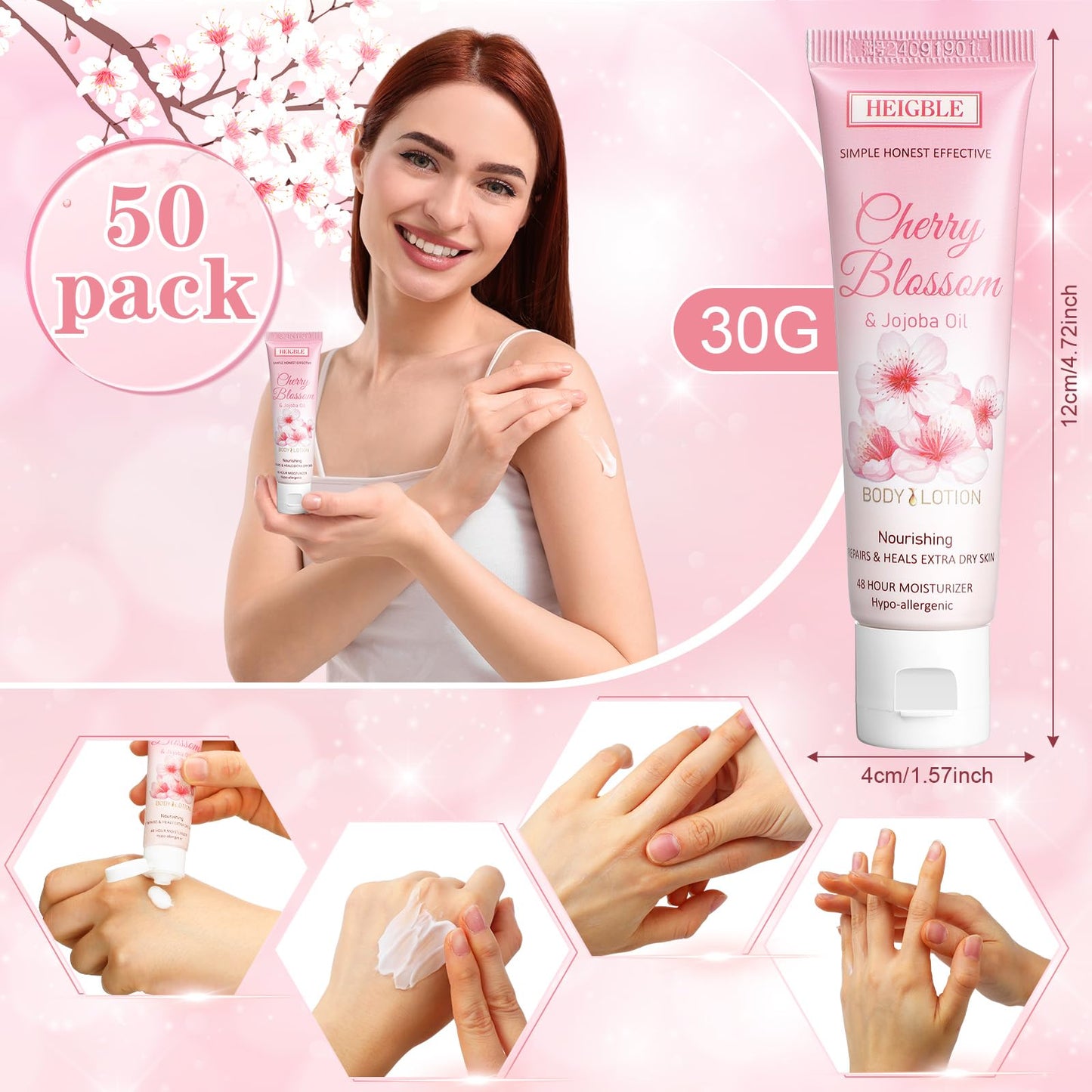 Heigble 50 Pack Travel Size Body Lotion 1 oz Body Lotion Dry Skin Moisturizer with Flip Cap for Extra Dry Skin, Hotels, Airlines, Offices, Gyms(Cherry Blossom and Jojoba Oil)