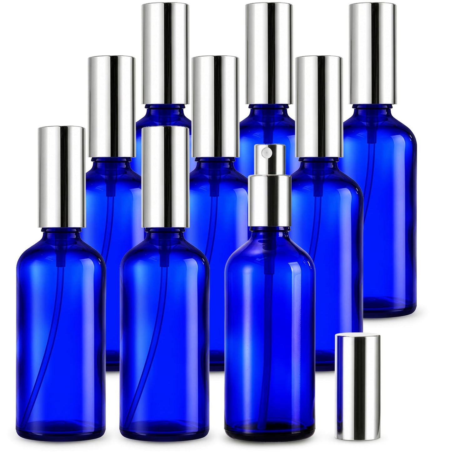 Foraineam 9 Pack 100ml / 3.4 oz. Blue Glass Spray Bottles with Atomizer Refillable Fine Mist Spray Bottle Containers for Perfume, Essential Oils, Cleaning Products