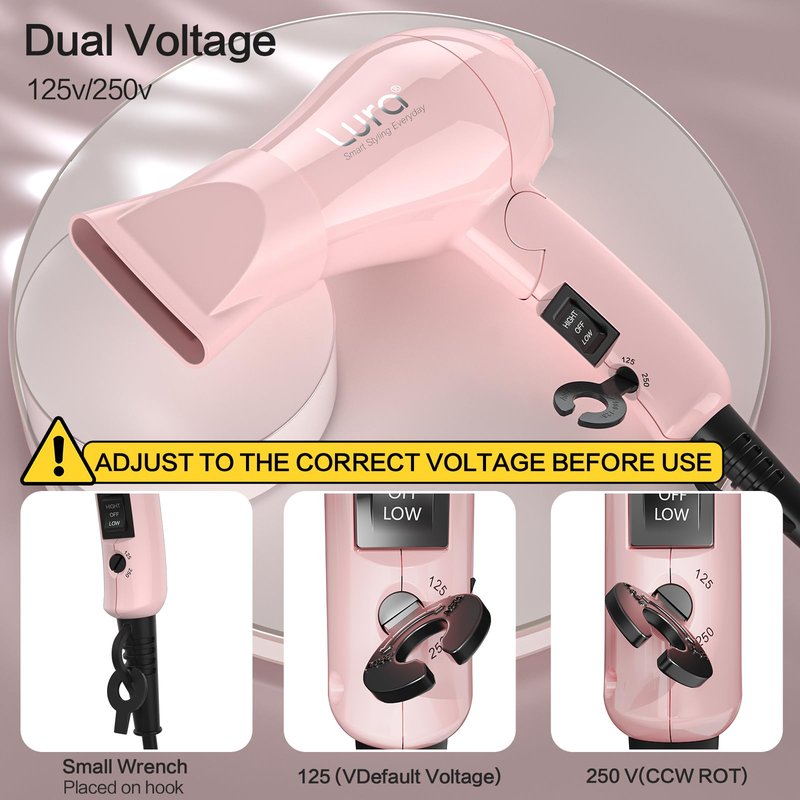Foldable Travel Hair Dreyr Mini:Dual Voltage Small Lightweight Blow Dryer for International Travel,1200w Compact Hairdryer with Concentrator and Travel Bag(Light Pink)