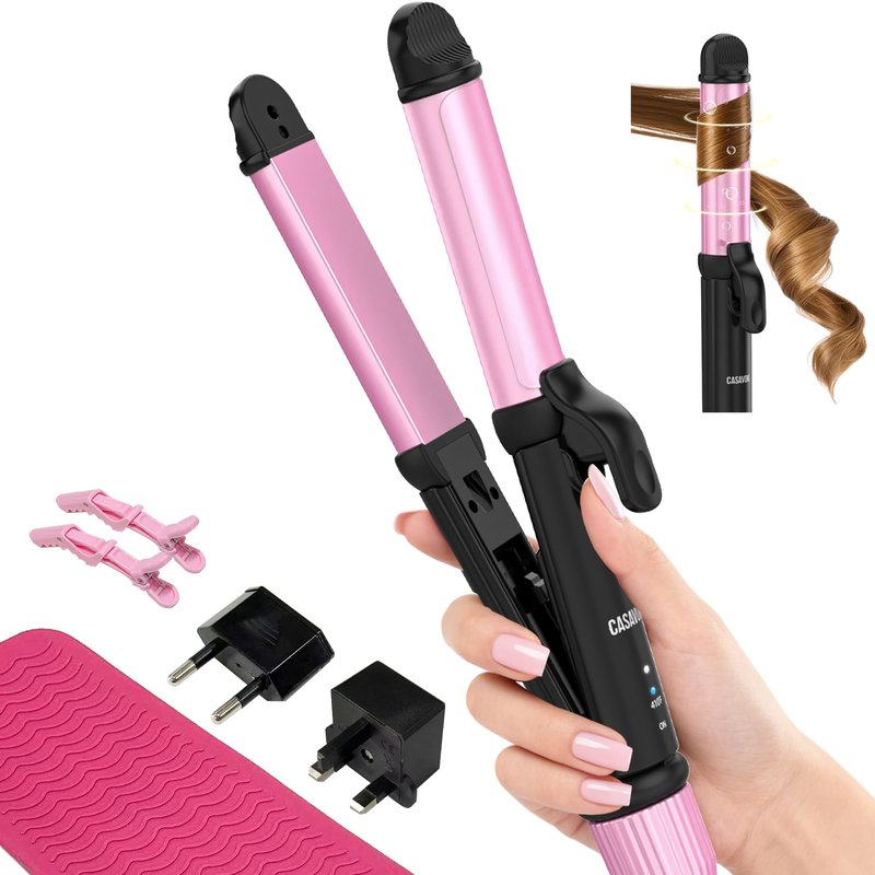 Dual Voltage Curling Iron for Travel,110V-240V Curling Iron 1 inch with European Plug Adapter,2 in 1 Hair Straightener and Curler(Pink)