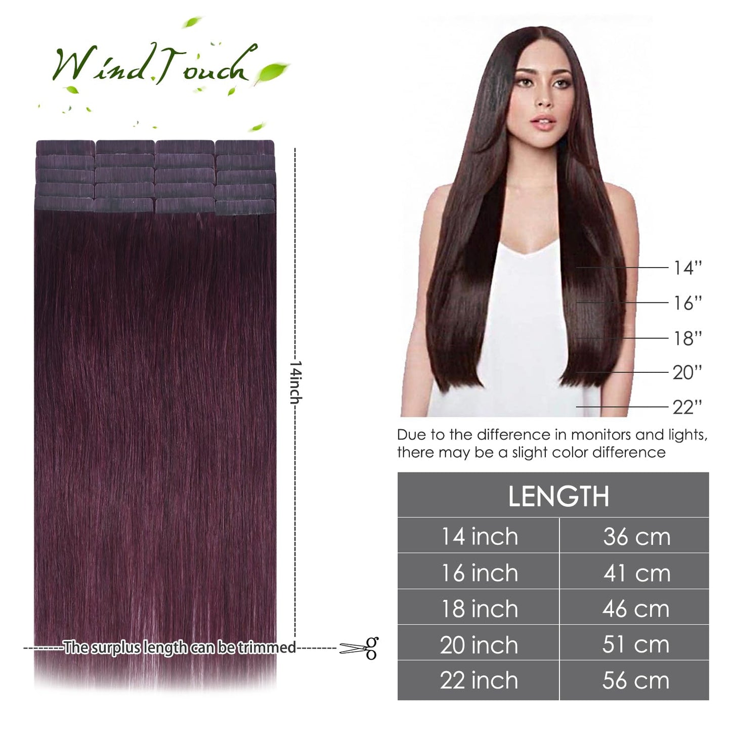 WindTouch Tape in Hair Extensions Wine Red Remy Silky-Smooth Straight Burgundy 20 Pcs 16Inch #99j 30g Invisible Tape in Hair Extensions Human Hair