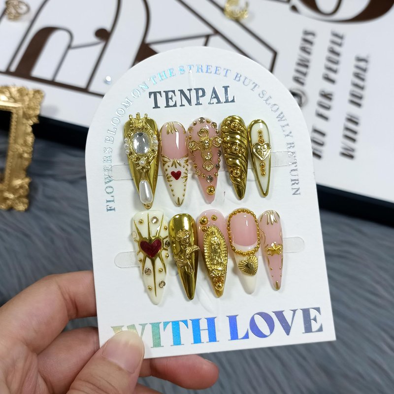 TENPAL 10Pcs Handmade Egyptian Press On Nails With Tools,Golden Palace Long Stiletto Glue on Nails,Glossy Sacred Rose & Cross Charms Fake Nails with Crystal Luxe,Acrylic Nails for Women Gifts(M)