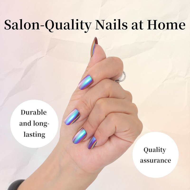 Short Almond Press On Nails - Bright Purple Electroplated Glossy Finish | 24 Nail Kit in 12 Sizes