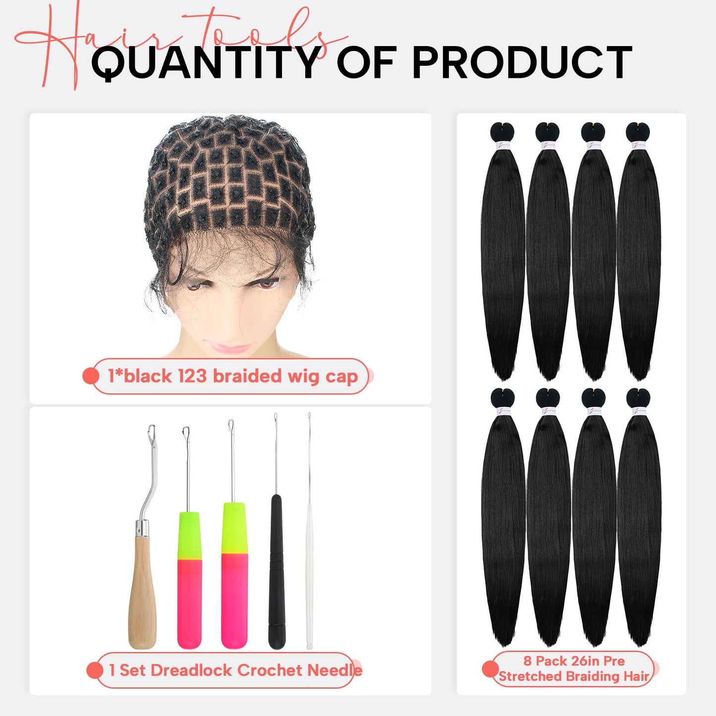 Suncalla 14 Pcs Braided Wig Cap Set Includes Crochet Wig Cap with Baby Hair 26 Inch Black Braiding Hair Pre Stretched Crochet Hooks, Glueless for Black Women Making Synthetic Braids Cornrow Extensions