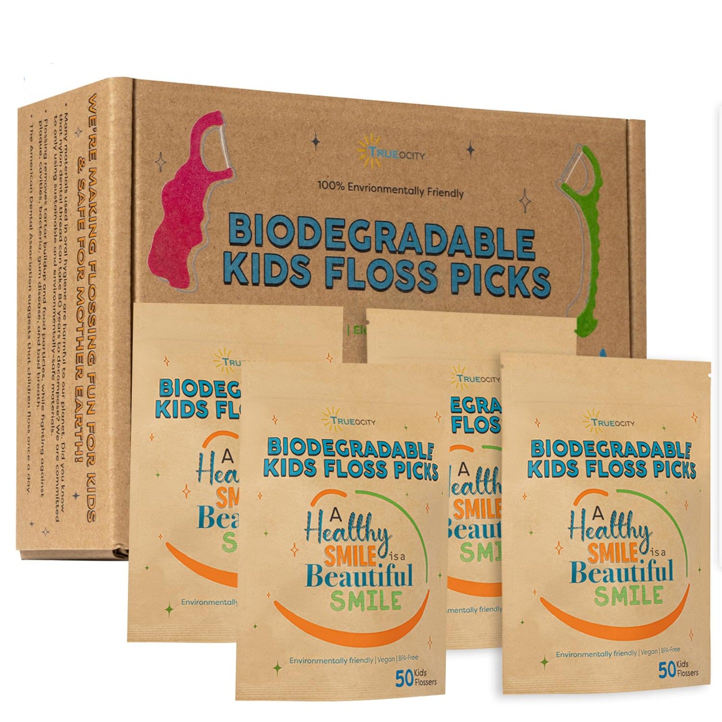 Biodegradable Kids Flossers -200 Pack, Natural Kids Floss Picks, Fluoride Free, Biodegradable Floss Pick, Organic Animal Dental Floss Picks, Dental Floss Sticks - 4 Fun Animal Designs