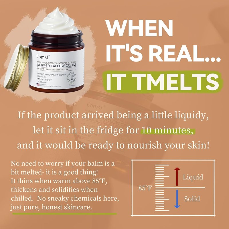 Whipped Tallow Honey Cream - Moisturizer for Dry, Sensitive Skin | 4oz Unscented, Eczema & Rosacea Relief