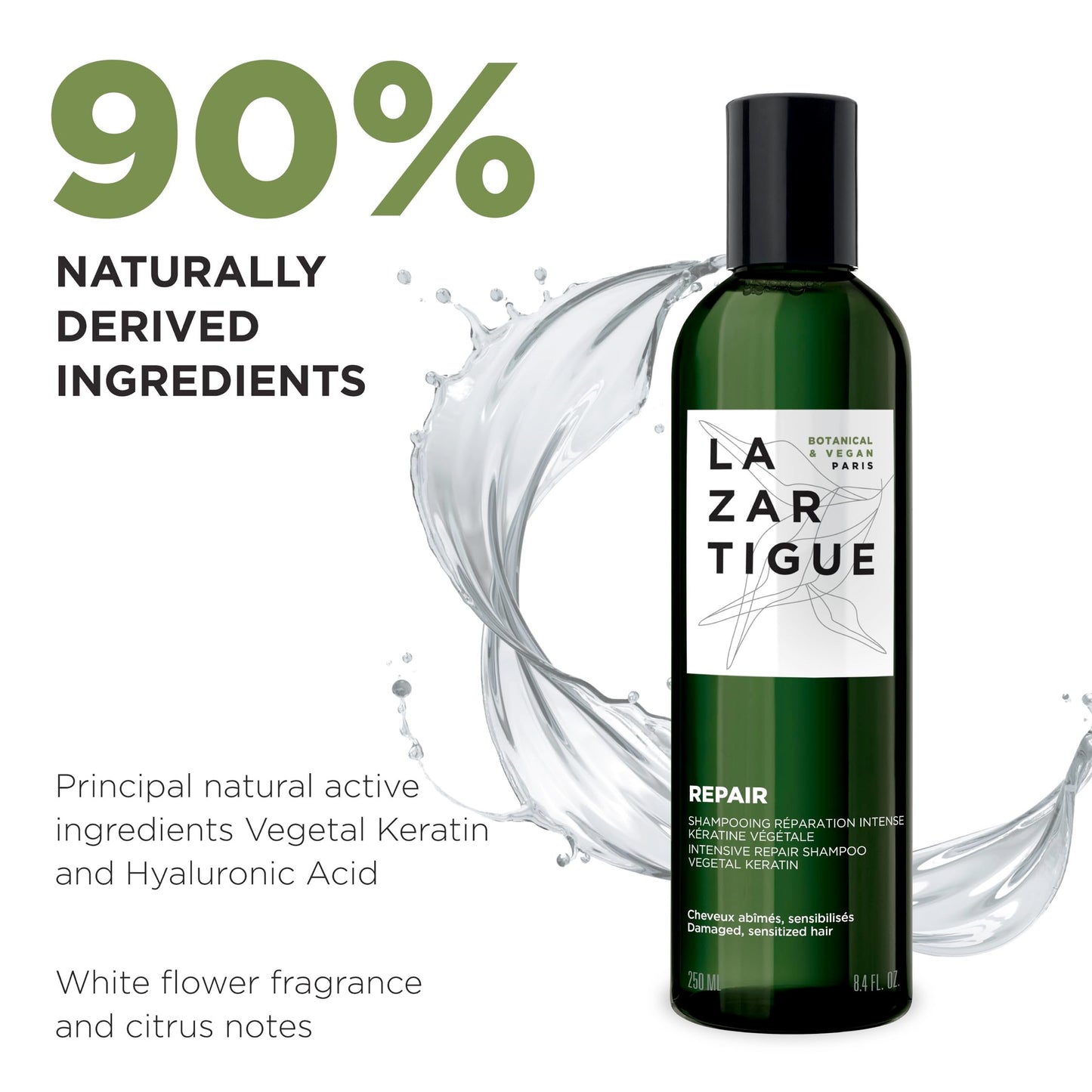 Lazartigue Repair Shampoo, Enriched with Vegetal Keratin, Helps Damage Deep Down & Restructures Hair Fiber, Strengthens Hair and Leaves it Silky Right to the Ends (8.4 Fl Oz)