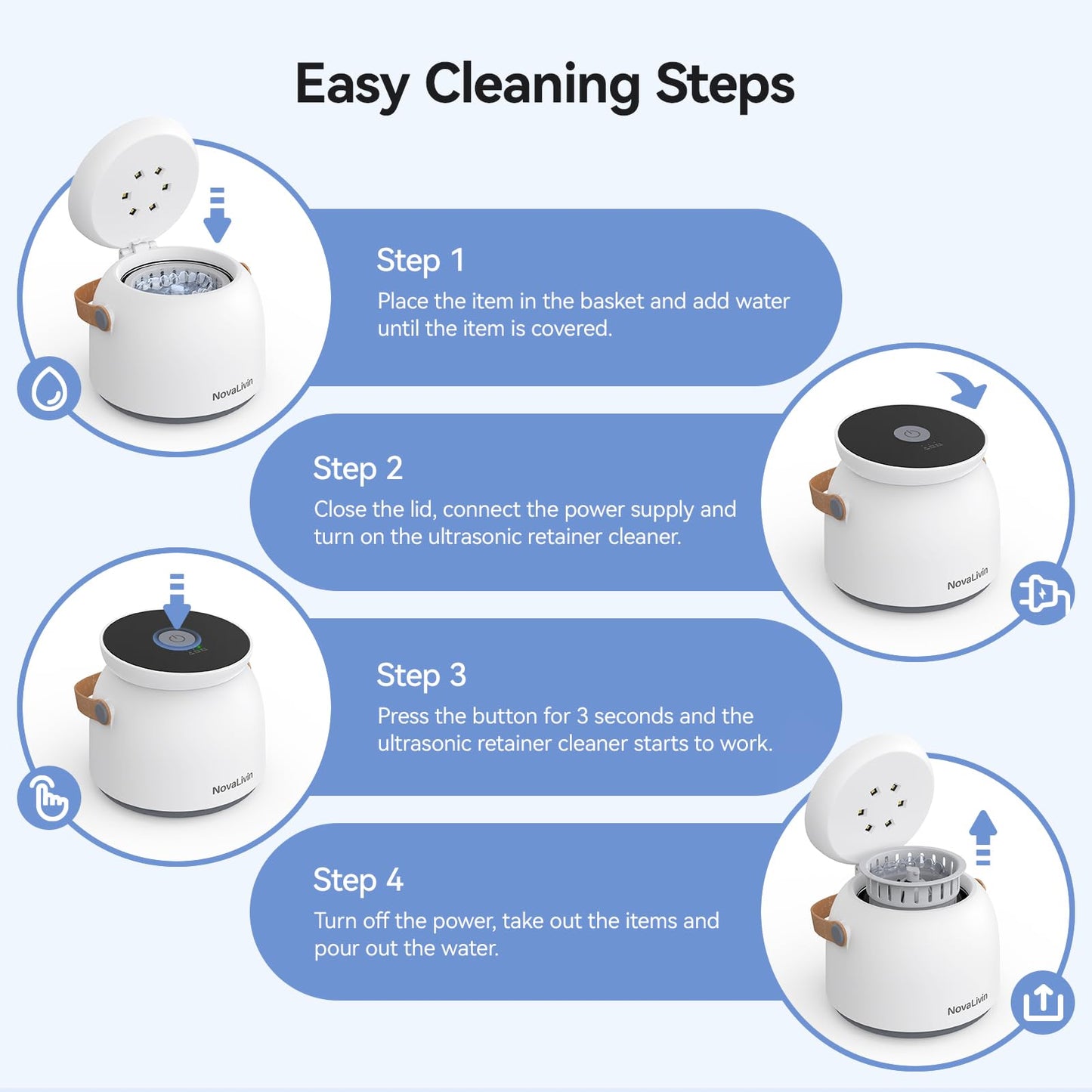 Ultrasonic Retainer Cleaner, 45kHz Ultrasonic Cleaner machine 3 Modes Deep cleaning 200ml Tank with Digital Timer for Aligner, Mouth Guard, Toothbrush Heads, Braces White