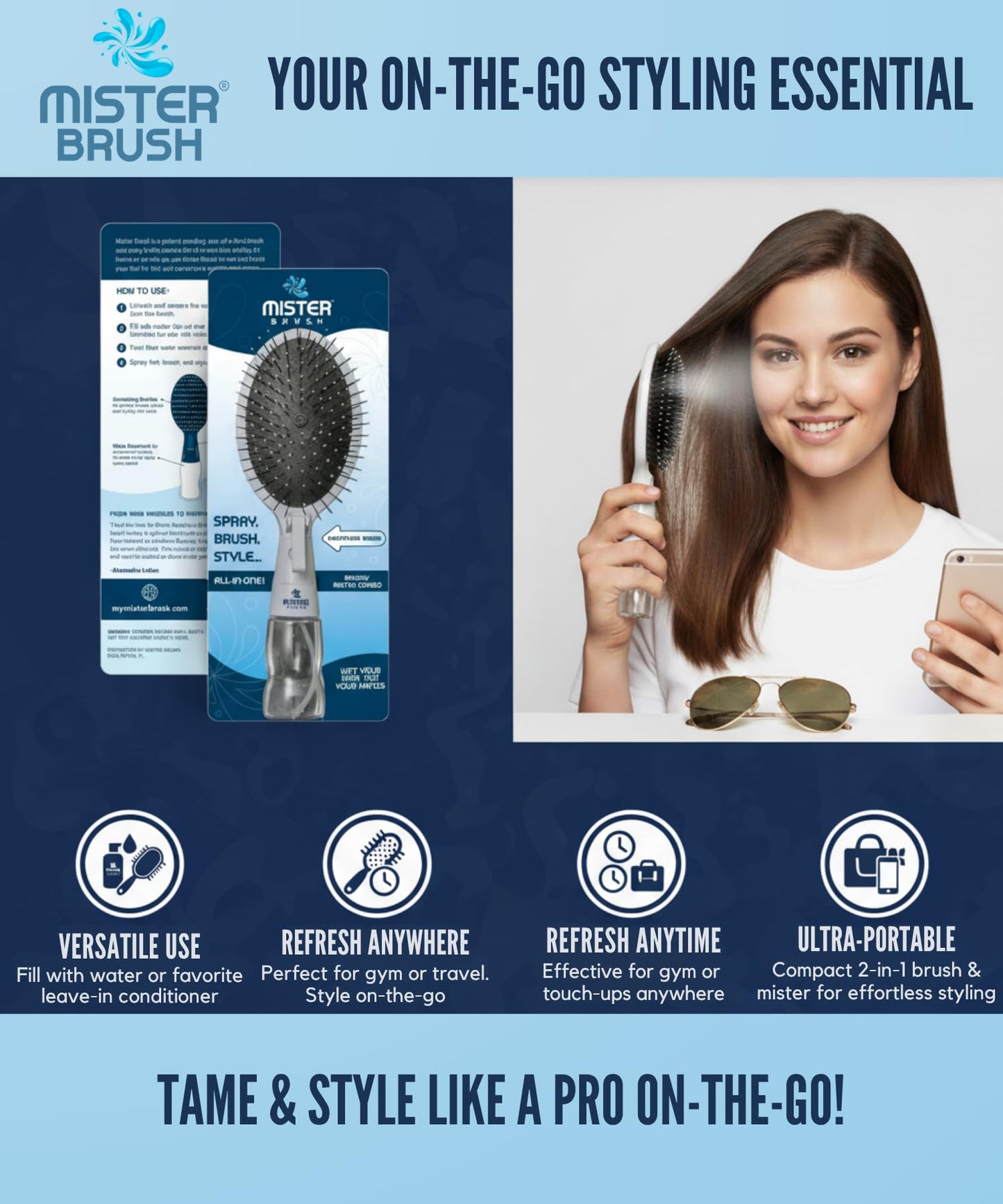 Mister Brush 2-in-1 Hairbrush Mister – Innovative Hair Mist & Brushing Tool for Wet & Dry Hair Styling – No-Tangle Bristles, Convenient Water Reservoir, Easy-to-Use (Pink)