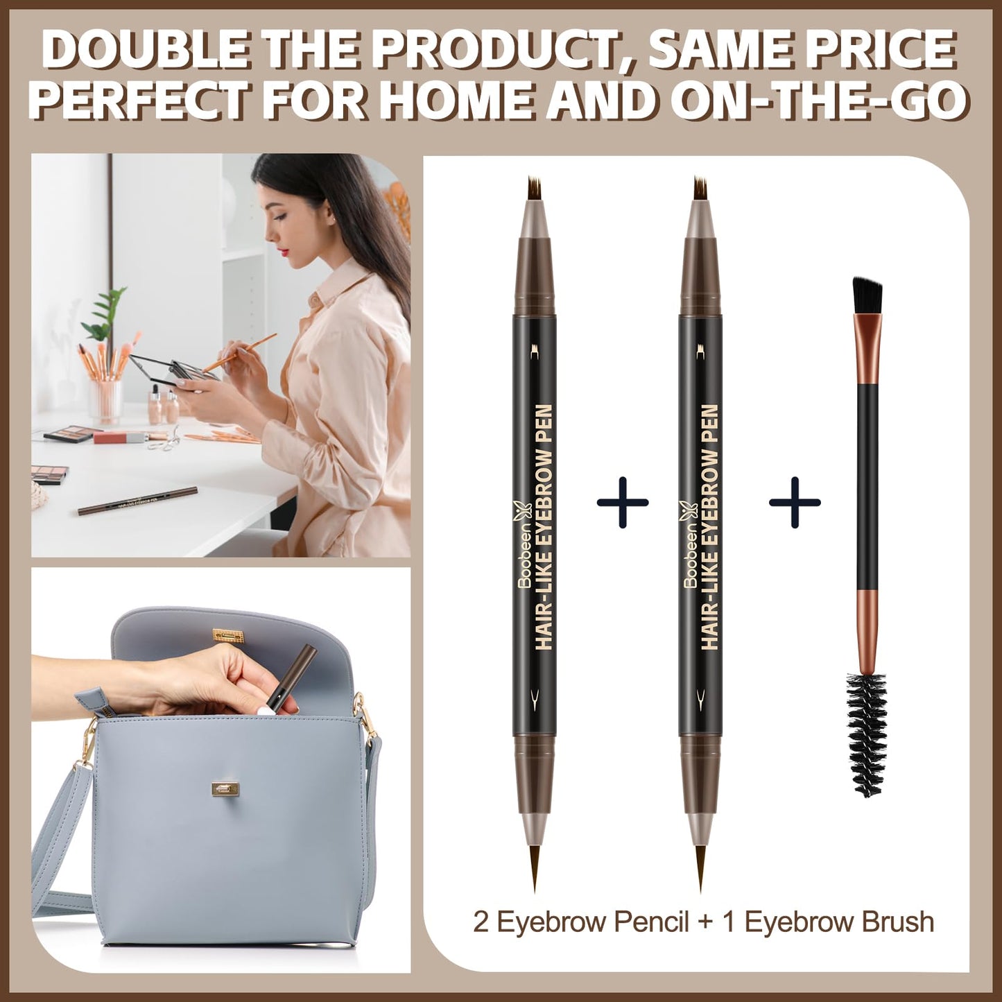 Boobeen 3pcs Waterproof Eyebrow Pen，Dual-Ended Eyeliner Microblading Eyebrow Pencil for Women，Long Lasting Hair-Like Brow Pen with Brow Brush，Dark Brown