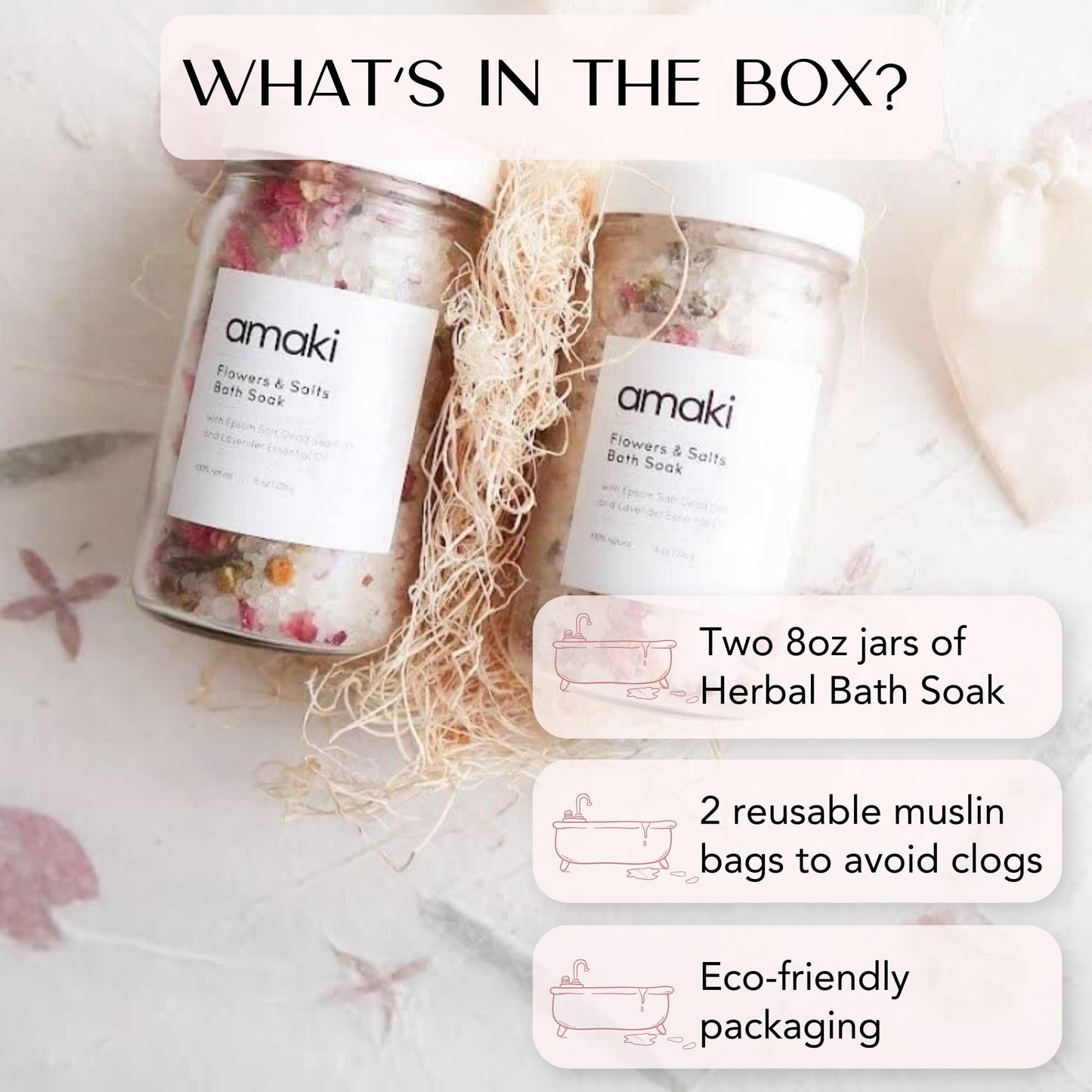 Amaki Herbal Bath Soak Blend of Epsom and Dead Sea Salt Infused with Lavender Essential Oil - for Stress Relief, Reduce Sore Muscle, Skin Soothing - Luxury Gift Set of 2, 8 Ounces Jars