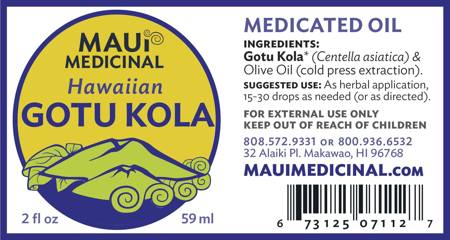 Maui Medicinal Herbs Gotu Kola Brahmi Oil 2fl. oz. Mauifarmacy Grown USA Certified Organic Carrier Oil