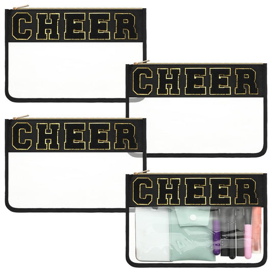 Abbylike 4 Pcs Cheer Makeup Bag Gift Set 11.8x8.2 Inches for Cheerleader Team Girls Clear Chenille Letter Cosmetic Bags Zipper Toiletry Makeup Pouch Bulk Women Travel Snack Bag(Black,Cheer)
