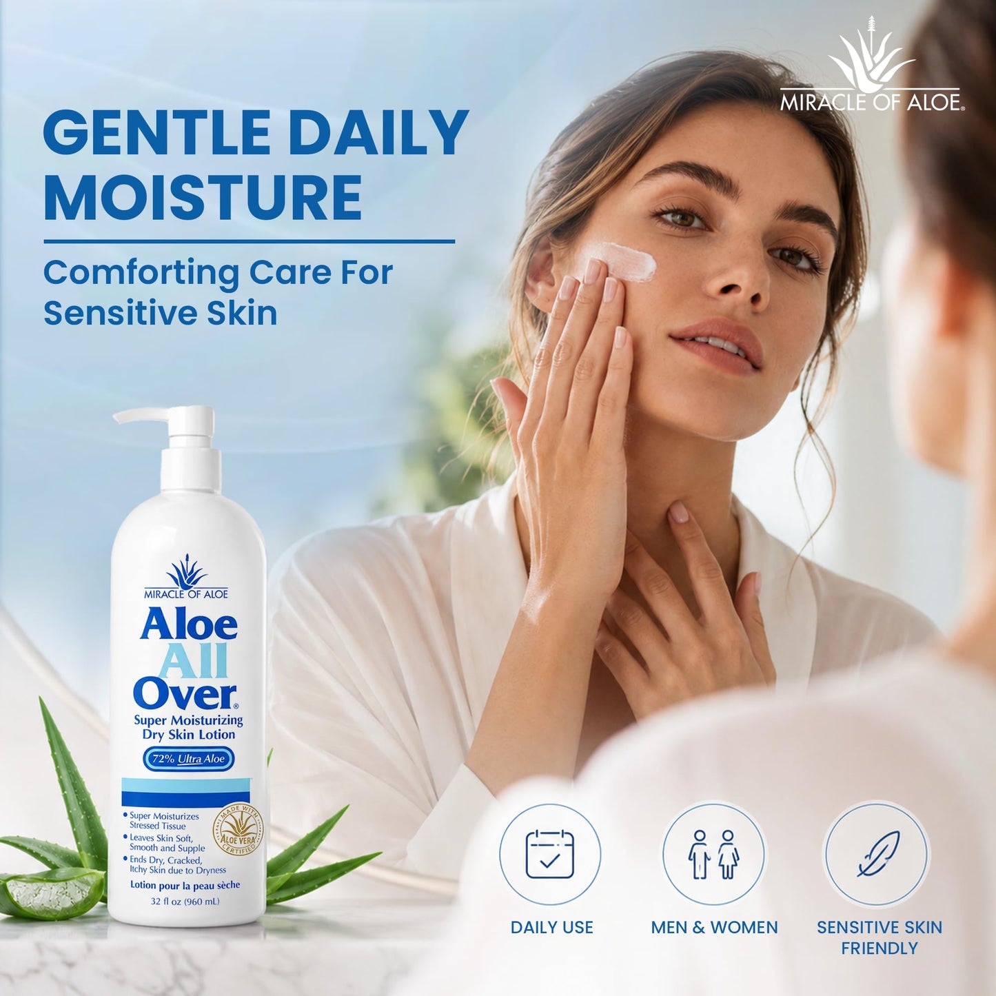 Miracle of Aloe Aloe All Over Super Moisturizing Dry Skin Lotion 32 oz - Made with 72% UltraAloe Aloe Vera Gel. Safe for Everyone: Men, Women, Kids. Restores Dry Skin Fast