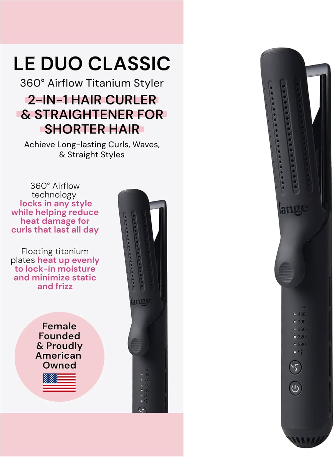 L'ANGE HAIR 2-in-1 Hair Straightener & Curler - 360° Airflow, Titanium Plates | 1-Inch Wand for Short to Medium Hair (Black)