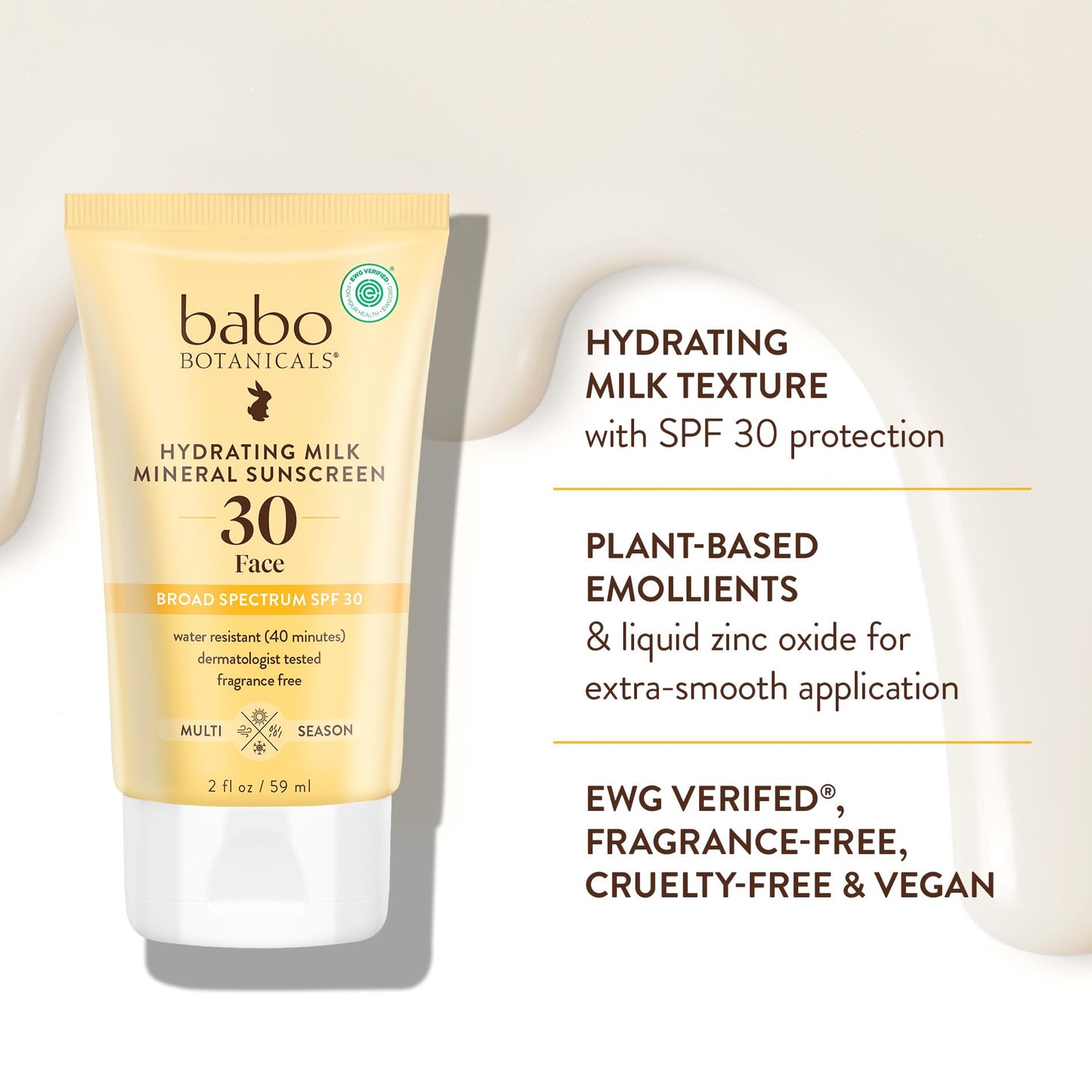 Babo Botanicals Hydrating Milk Mineral Sunscreen SPF 30 with Dewy Finish – Lightweight Zinc Oxide Daily Face Sunscreen for Sensitive Skin – EWG Verified – Broad Spectrum UVA/UVB Protection