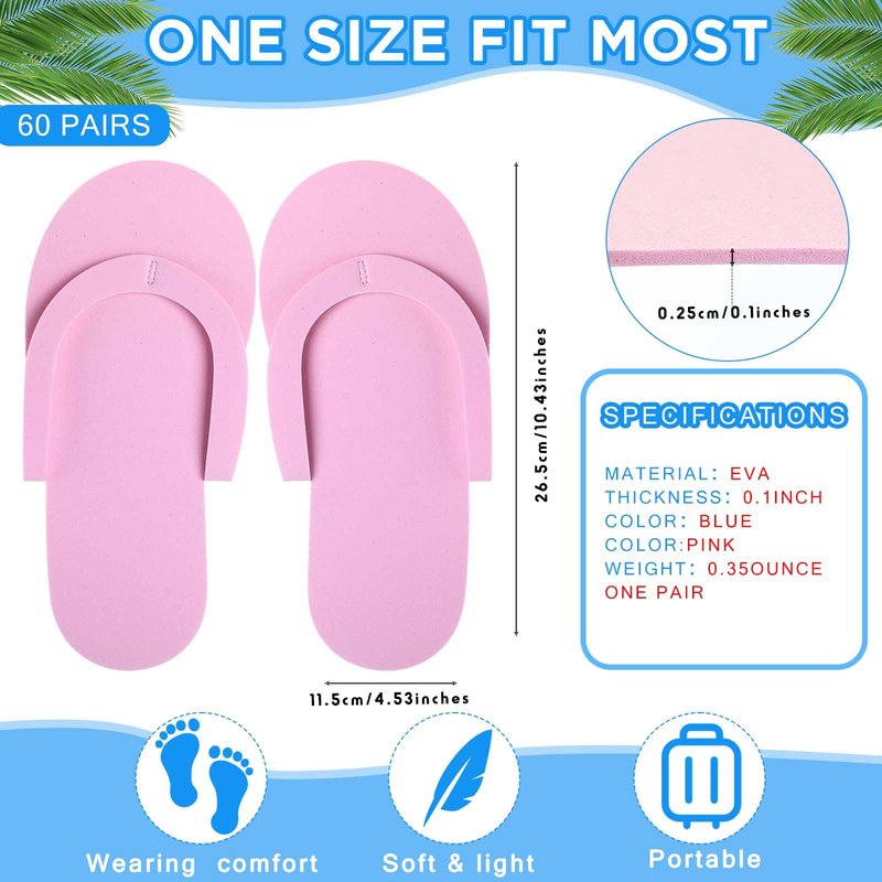 JenPen 60 Pairs Disposable Pedicure Slippers Foam Spa Pedi Flip Flops Bulk Foldable Pedicure Slippers Sandals Shoes for Guest Women Men Salon Spa Hotel Shower Foot Nail Party Supplies(Pink)