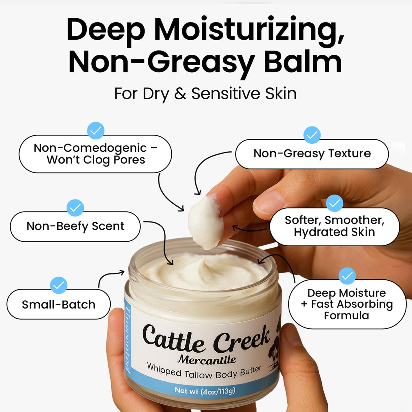 Cattle Creek Whipped Beef Tallow for Skin & Face – Deeply Moisturizing Tallow Balm – Natural Grass-Fed Skincare – Nourishes Dry, Sensitive Skin– Non-Comedogenic, Fast-Absorbing (4oz, Unscented)