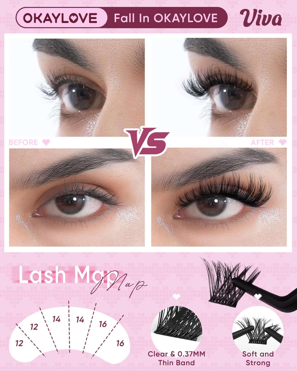 OKAYLOVE Fluffy Lash Clusters, VIVA 8-18mm DIY Volume Cluster Eyelash Extensions Kit, 168pcs Black Cotton Band Individual Lashes with Lash Bond and Seal, Remover, Lash Tweezers