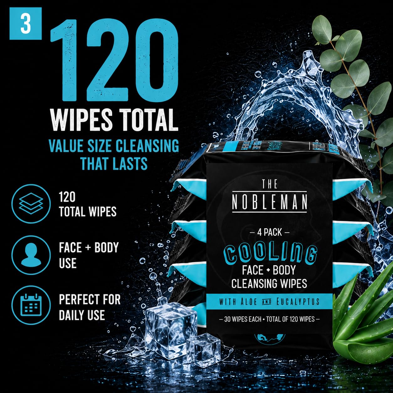 The Nobleman Cooling Face + Body Cleansing Wipes – Refreshing Skincare for Men with Aloe & Eucalyptus, Oil Control, Dirt Removal, Sweat Refresh, Daily Hygiene & After Gym Solution, (4 Pack, 120 Ct)