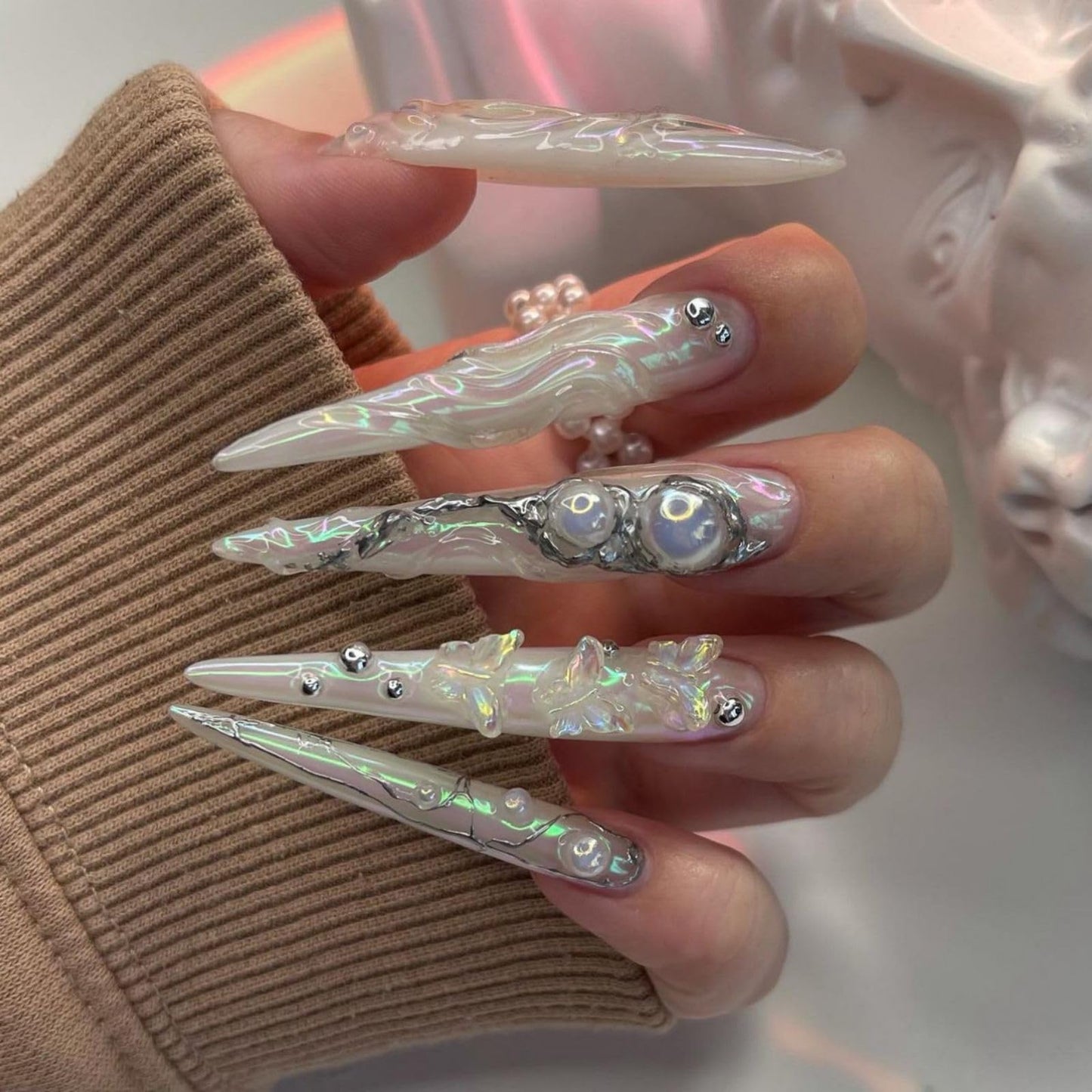 QQPPOLIU 3D Press On Nails XXL Long Press On Nails with 3D Design Butterfly Nails XXL Glue On Nails