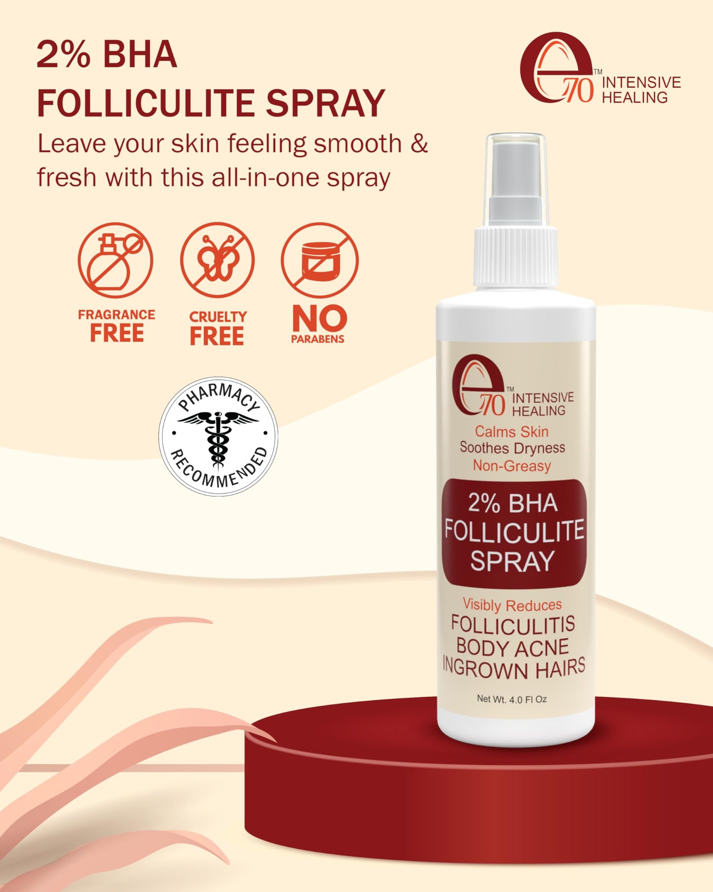 e70 Folliculitis Treatment 2% BHA Body Spray - Salicylic Acid with Tea Tree Oil & Aloe Vera - Spray Moisturizer for Dry Skin, Clogged Pores & Irritation by Made in USA, 4 fl. oz