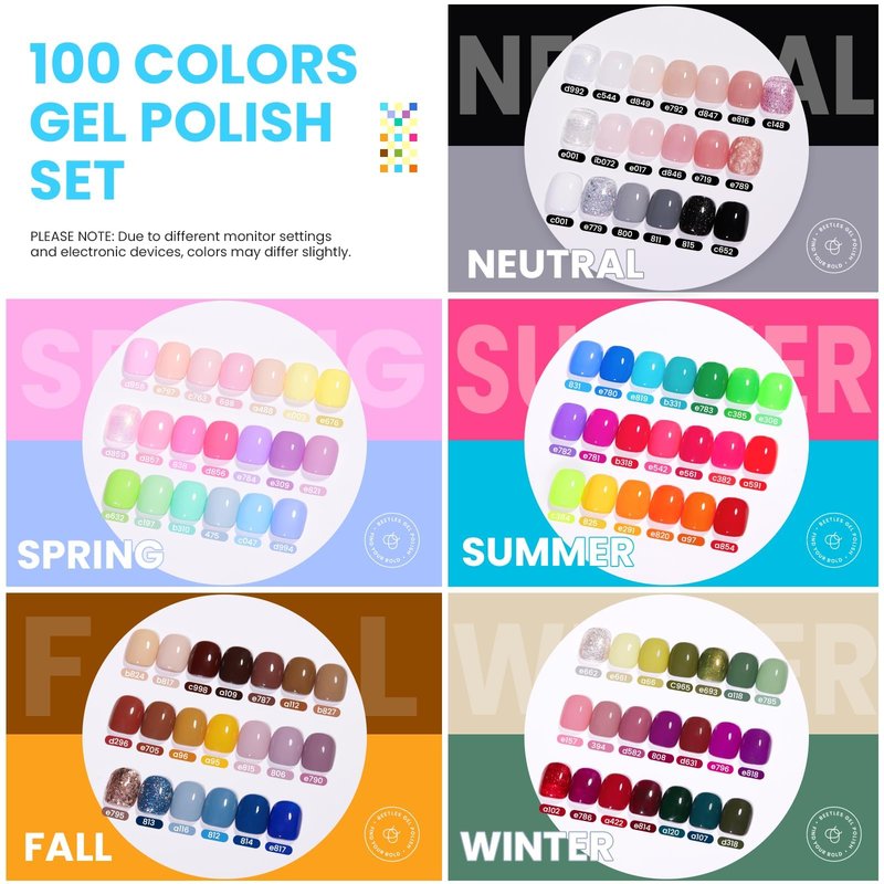 Beetles 110 PCS Gel Nail Polish Set, 100 Colors Infinite Inspiration Gift Spree All Season Red Brown Green Black Gel Polish with 5Pcs Base Top Coat Soak off UV Gel for Manicure Lovers DIY at Home