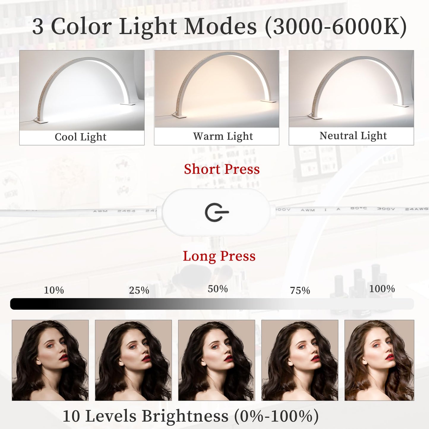 YINGJEE Half Moon Light Nail Lamp for Desk, Lash Light Led Nail Tech Lamp with Adjustable Brightness, Desk Lamp for Lash Eyelash Extension, Tattoo, Skincare, Eyebrows